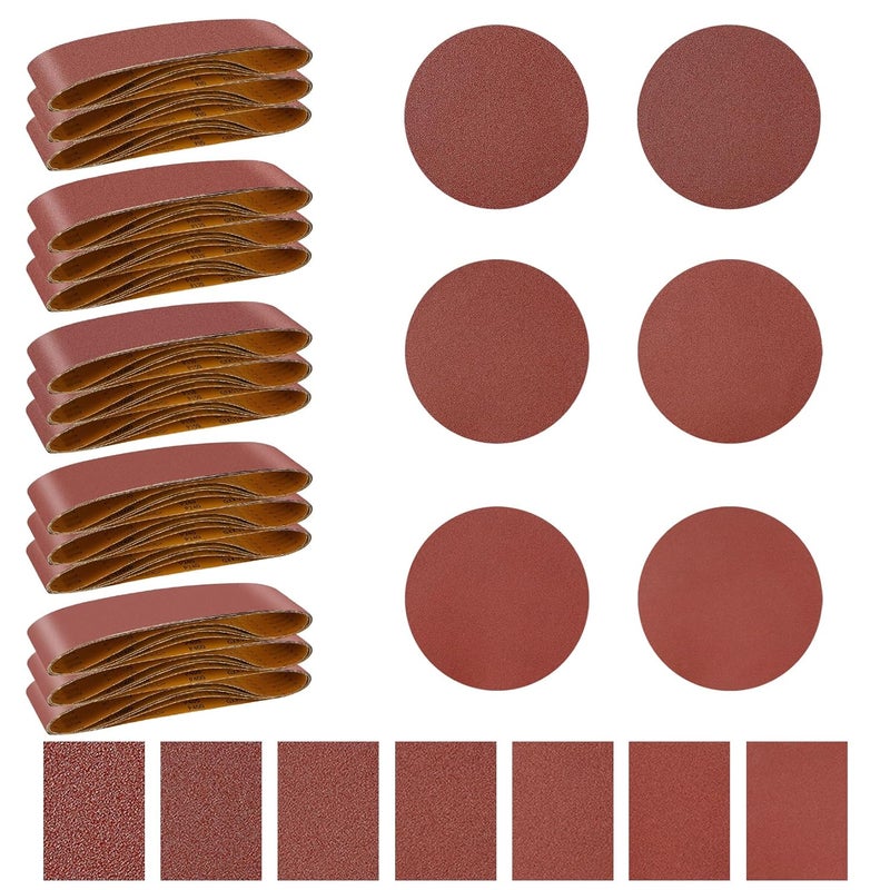 ONLYFU 33PCS 4 x 36 Inch Alumina Sanding Belts (80/120/150/240/400 Grits) with 6 Grits 6-Inch Self Stick No Hole Sanding Disc for Aluminum Oxide Sanders, Sandpaper for Wood Metal Stainless Steel - Image 1
